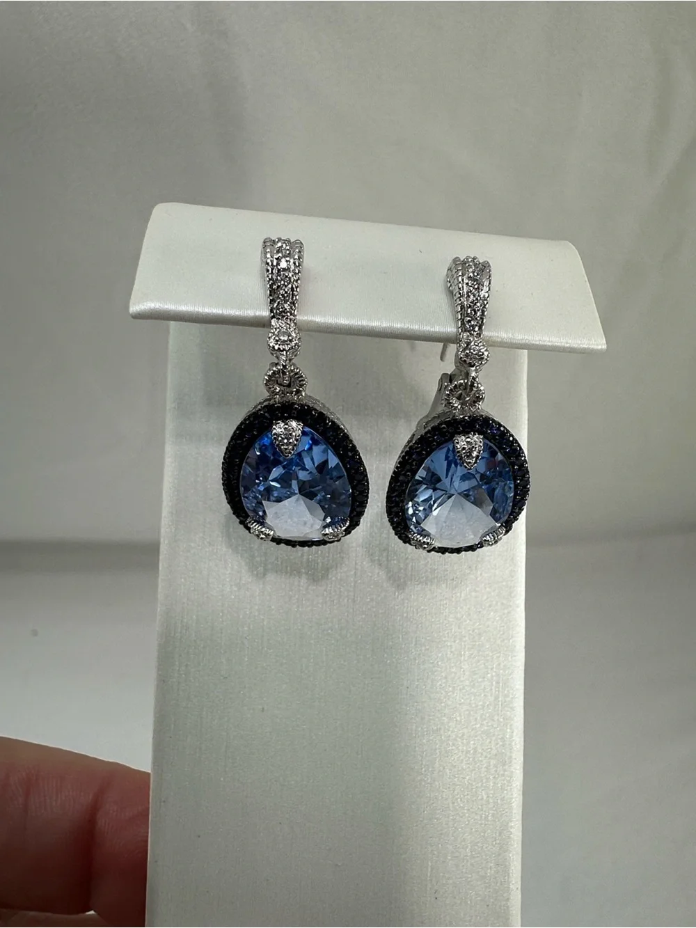 New Judith Ripka Capri Sterling Silver Pear Blue Crystal Lever Back CZ Earrings